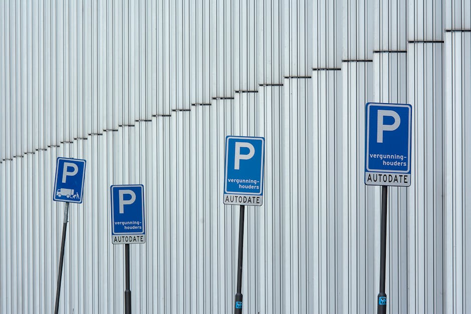 A blue parking sign with a white letter 'P' and a wheelchair symbol below it, mounted on a silver metal post, casting a shadow on a dark grey, textured wall. The sign indicates designated parking for